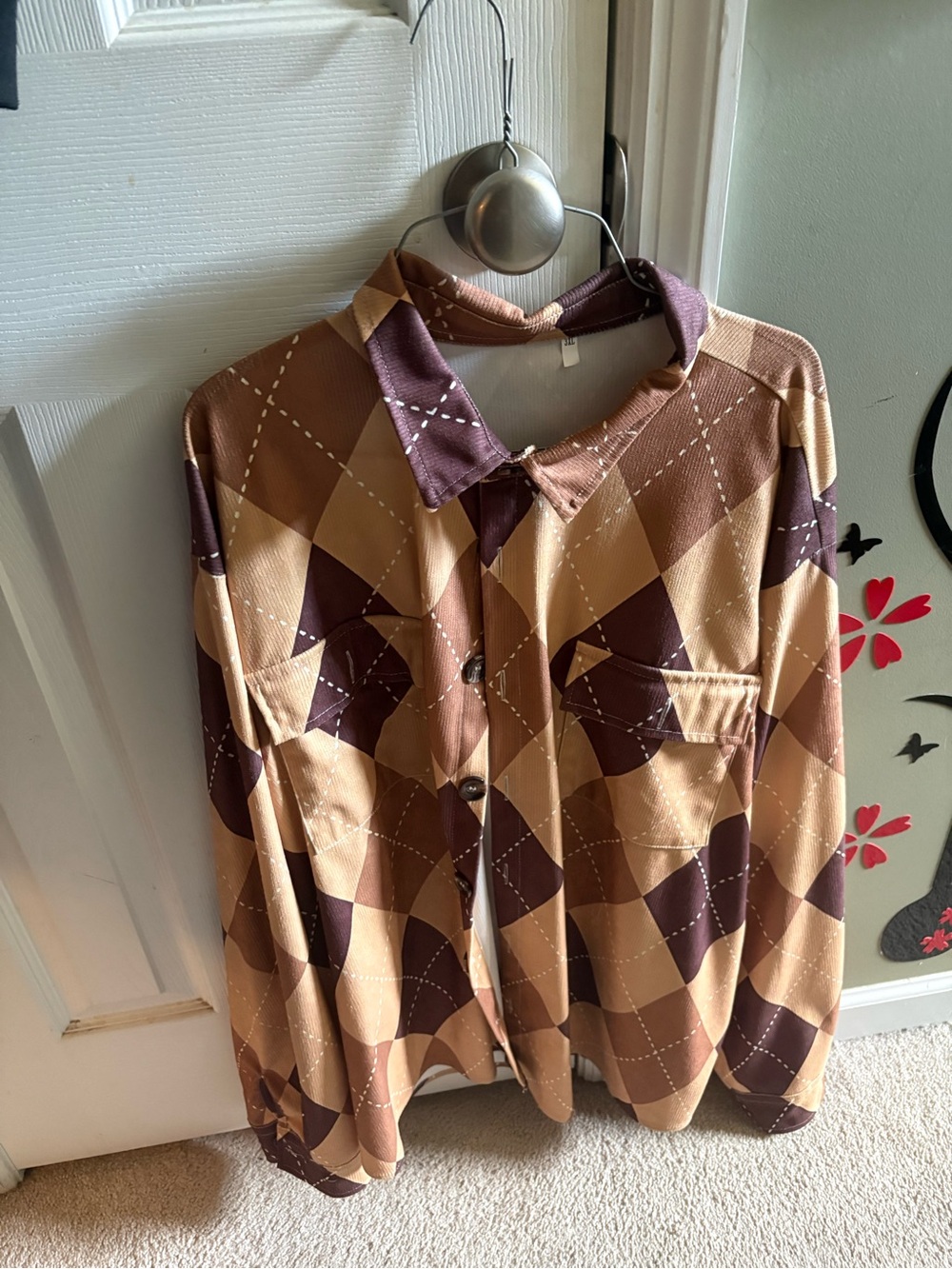 Brown and Tan Argyle Button-Up Shirt